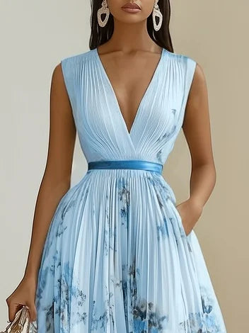 Sleeveless Long V-Neck Dress for Women, Elegant Style