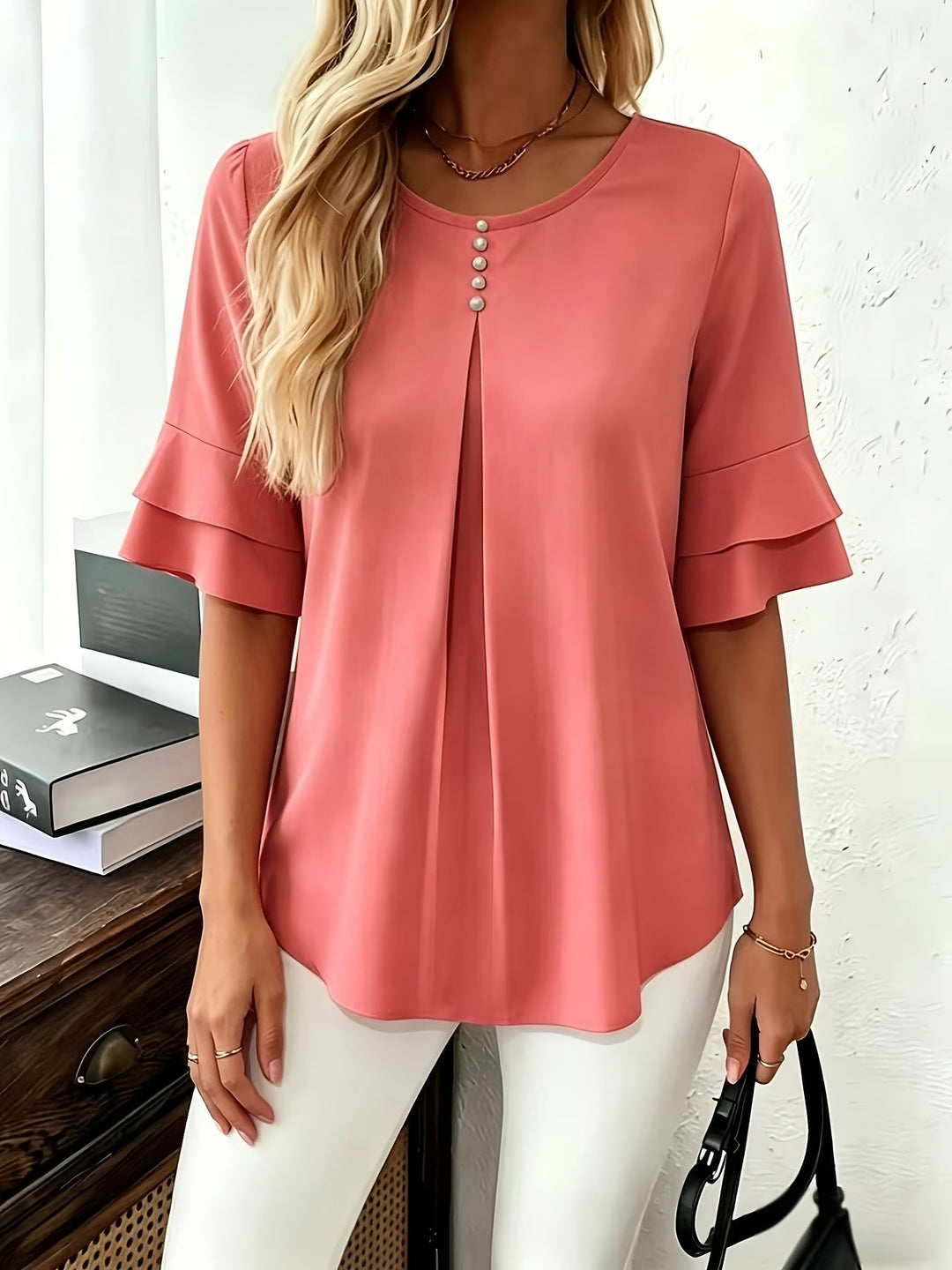 Flared-Sleeve Pleated Blouse for Women