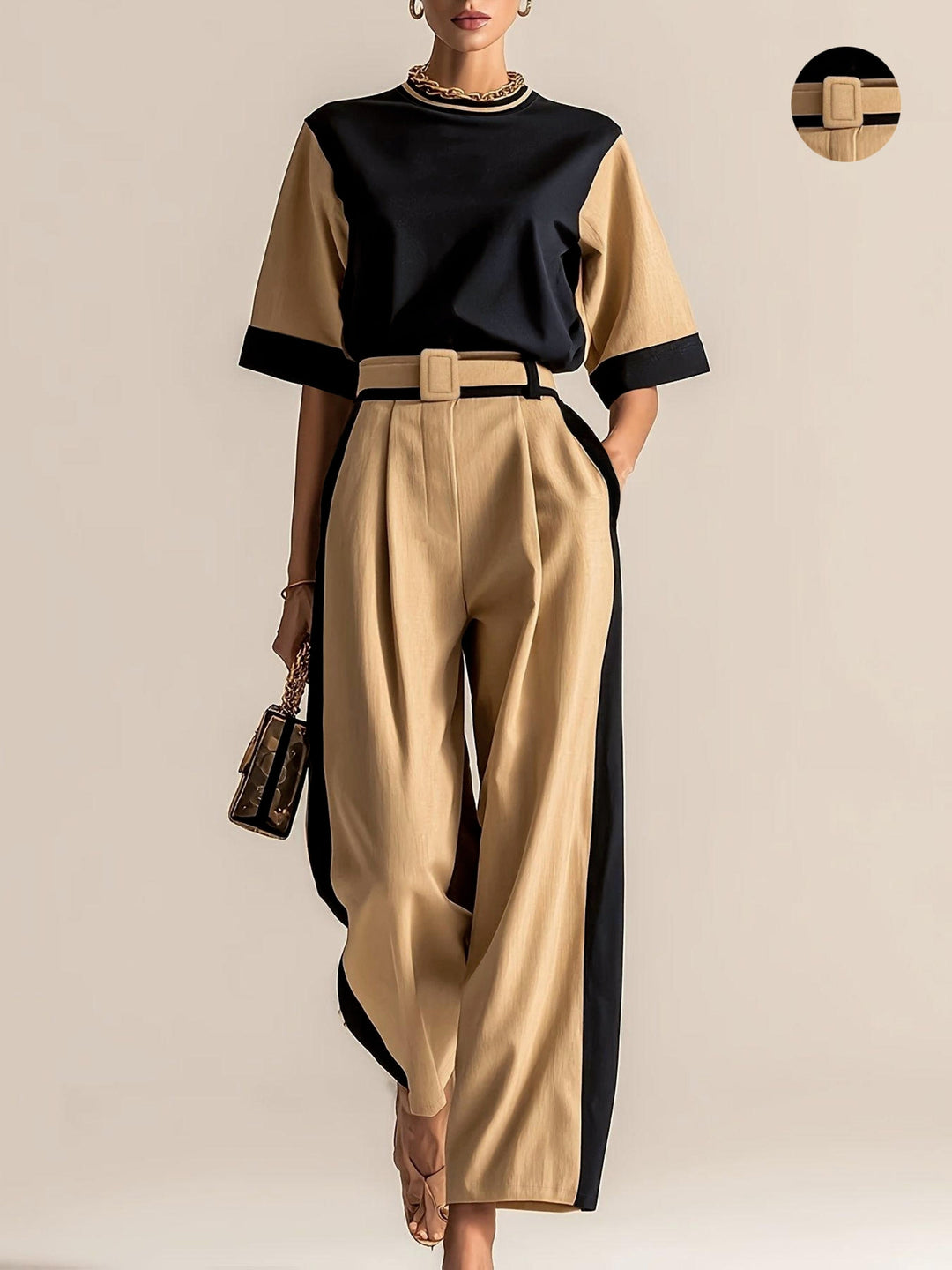 Khaki Contrast-Trim Two-Piece Set for Women