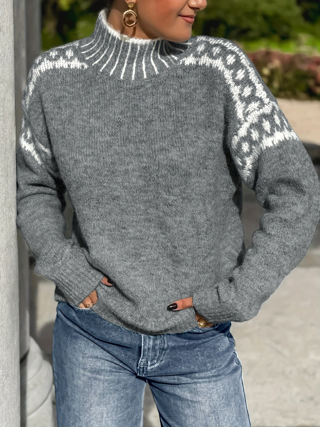 Contrast-Trim Mock-Neck Sweater for Women