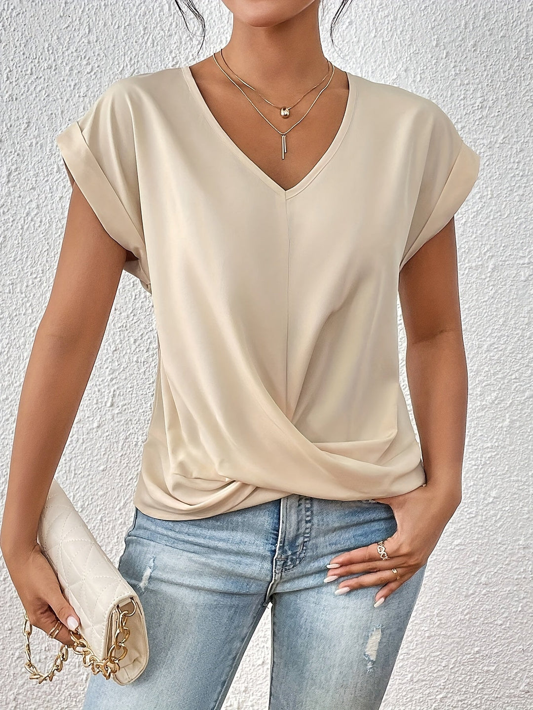 V-Neck Draped Blouse for Women, Elegant Style