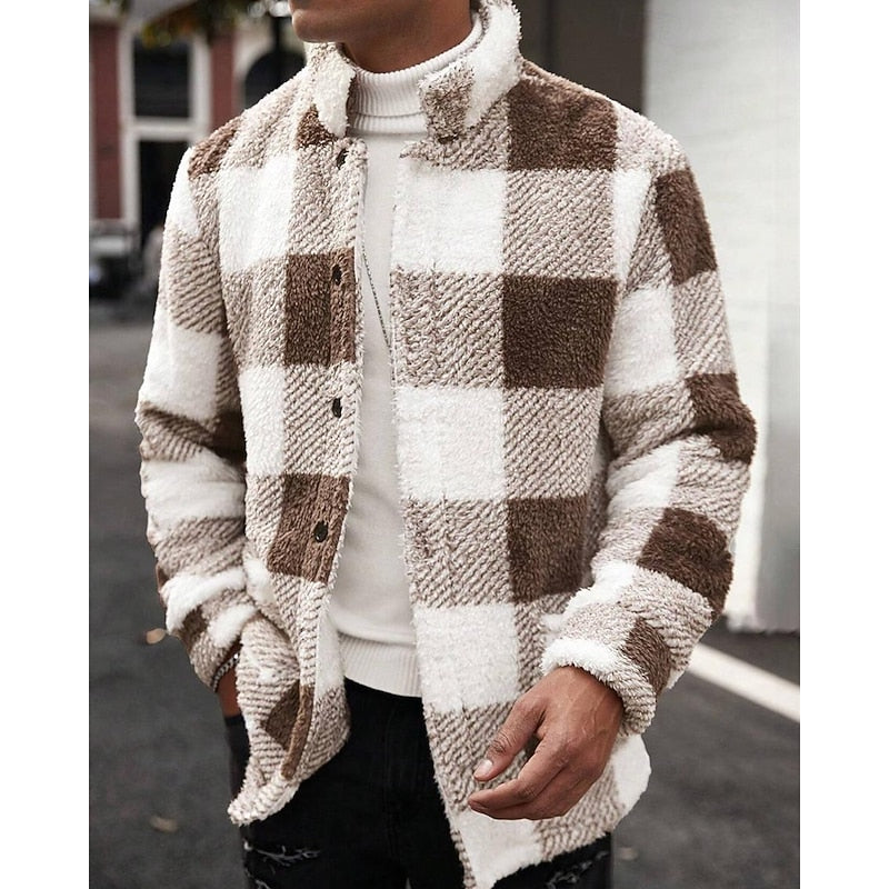 Checked Standing-Collar Jacket for Men, Plus Size