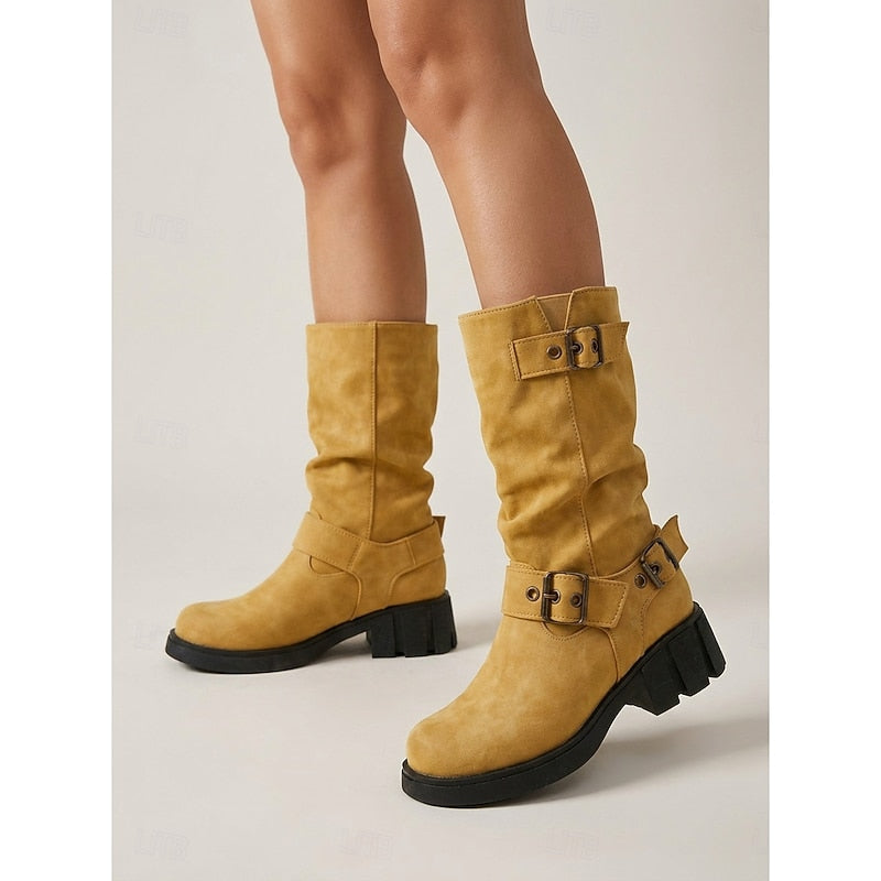Ladies Buckle-Detail Mid-Calf Biker Boots