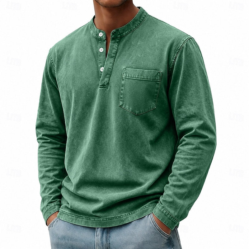 Washed Henley Shirt for Men, Vintage Style