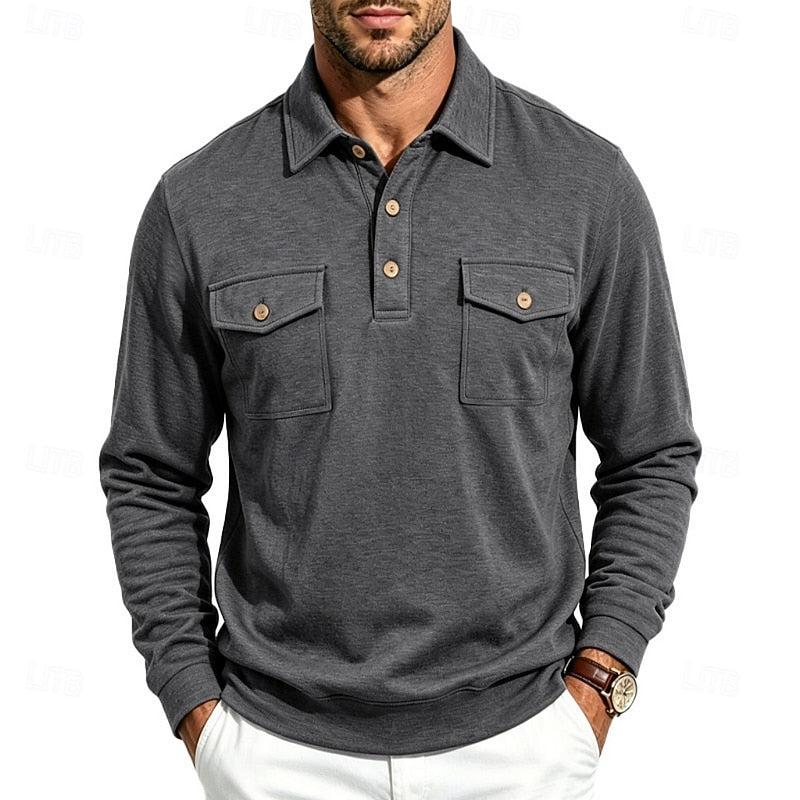 Refined Long-Sleeve Pocket Polo Shirt for Men