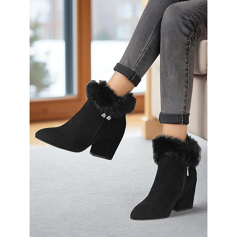 Fur-Trimmed Block Heel Ankle Boots for Women