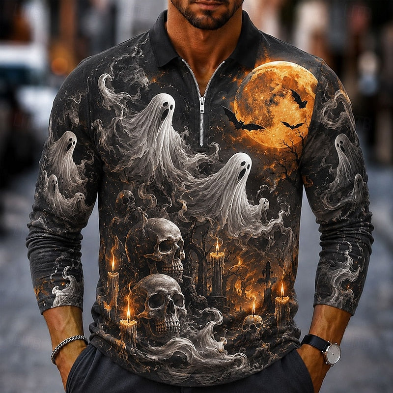 Halloween Zip Long-Sleeve Polo Shirt for Men