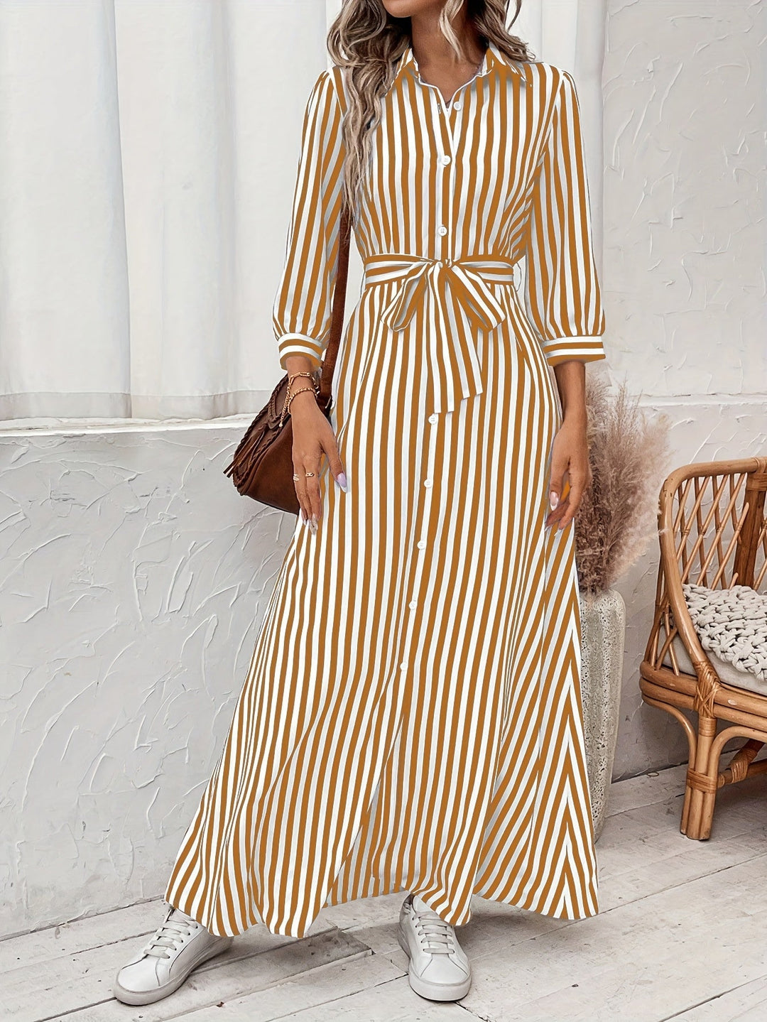 Women's Belted Shirt Maxi Dress
