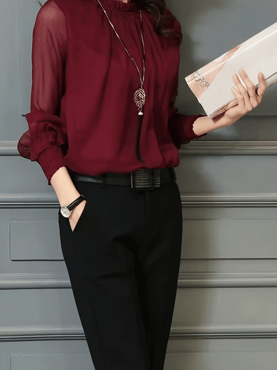 Stand-Collar Long-Sleeve Blouse for Women