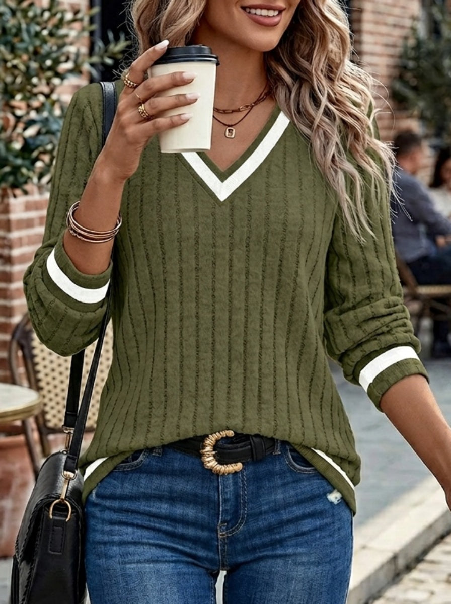 Color-Block Ribbed Long Sleeve Top for Women
