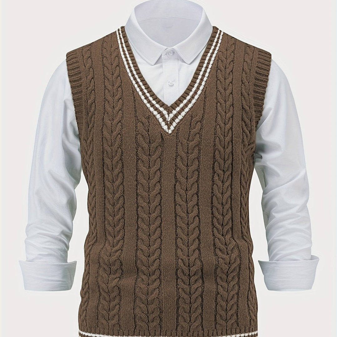 Cable-Knit V-Neck Sweater Vest for Men, Dark Gray