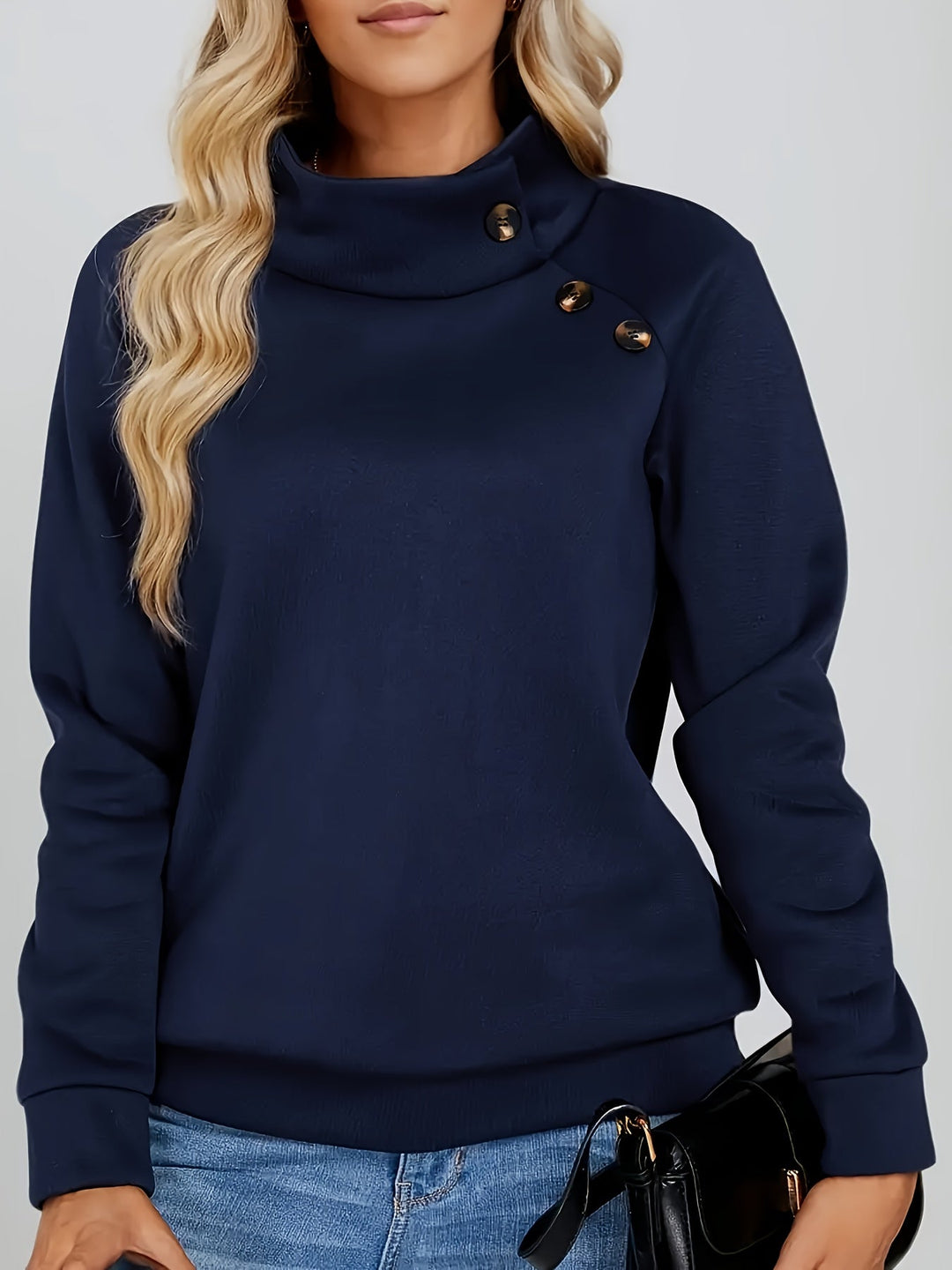 Navy Button-Accent Stand Collar Sweatshirt for Women