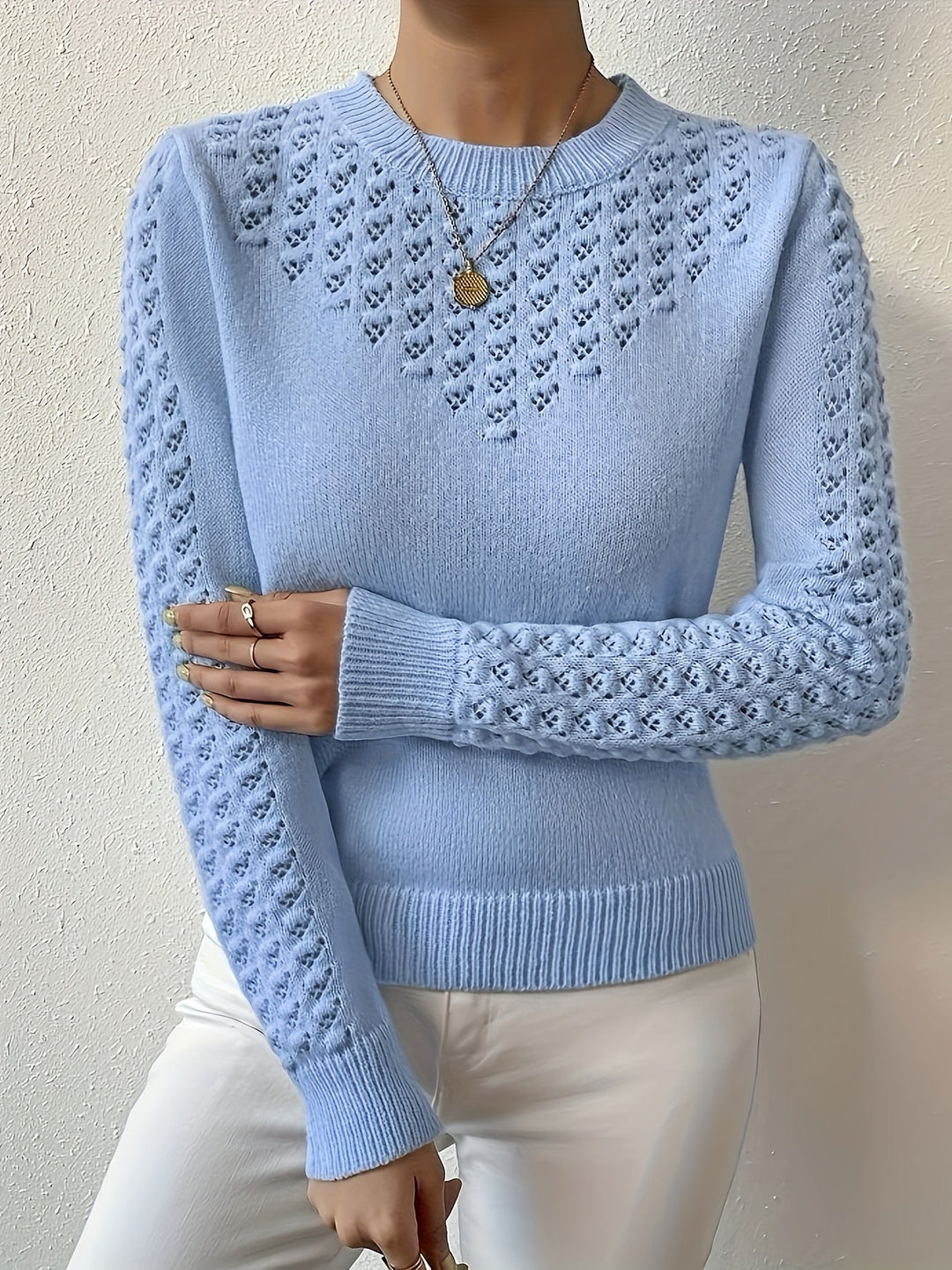 Pointelle-Knit Round Neck Sweater for Women
