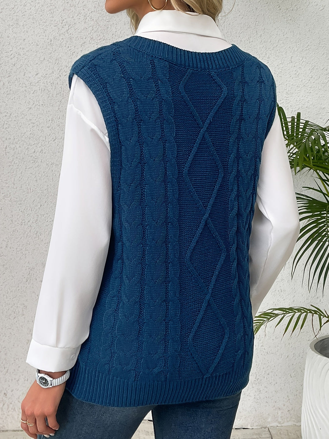 Ladies Cozy Cable-Knit V-Neck Sweater Vest