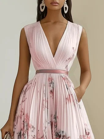 Sleeveless Long V-Neck Dress for Women, Elegant Style