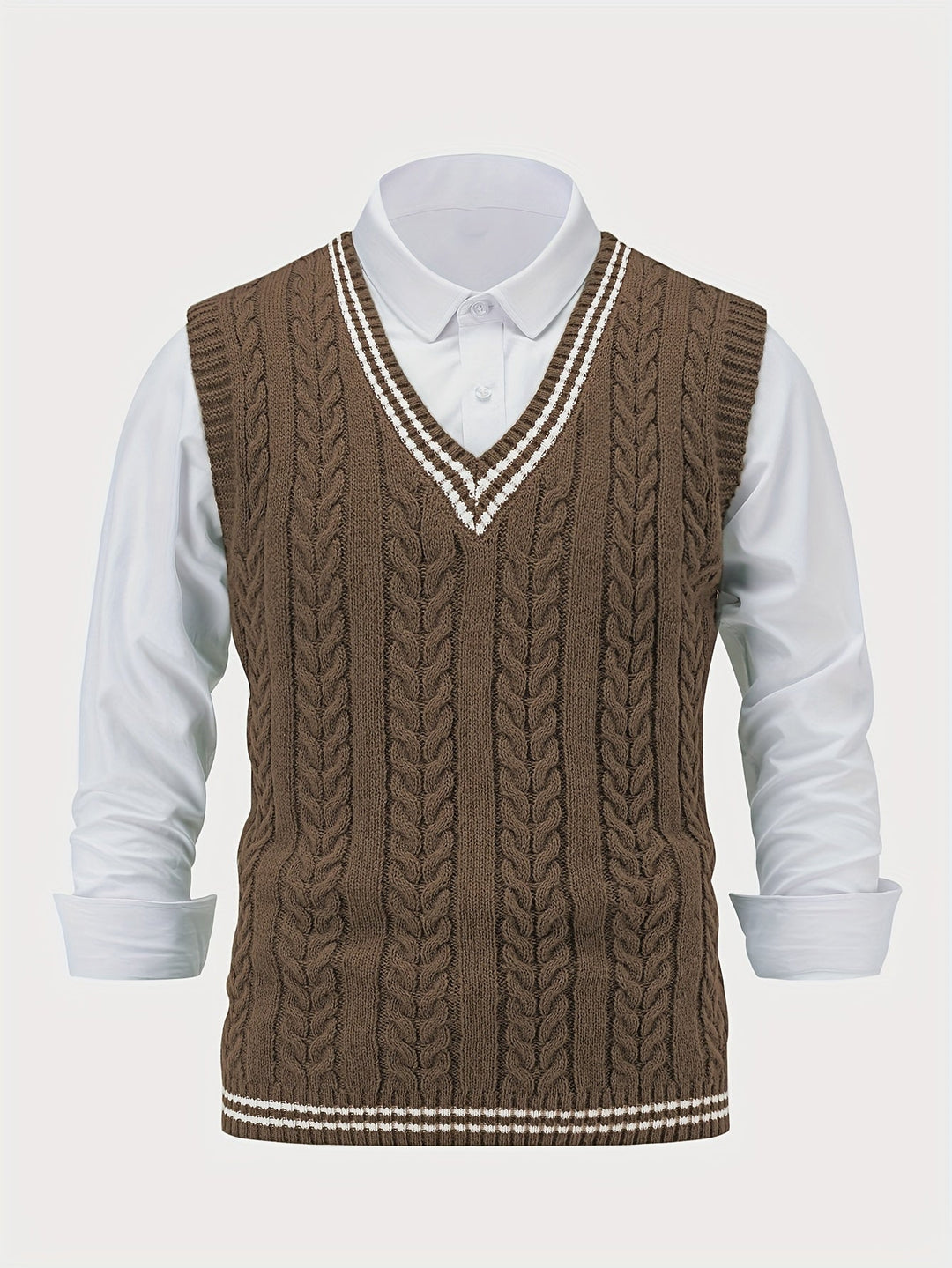 Cable-Knit V-Neck Sweater Vest for Men, Dark Gray