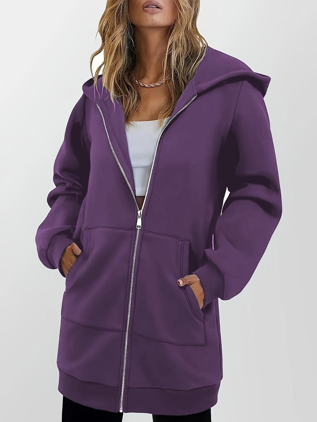 Purple Longline Hooded Zip Jacket for Women