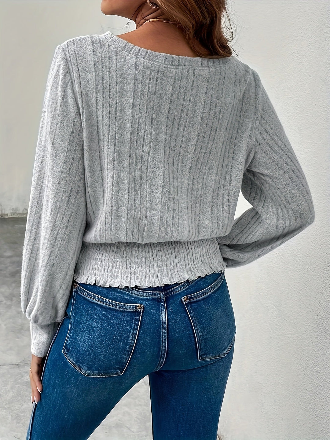 Grey Smocked-Hem Ribbed Top for Women