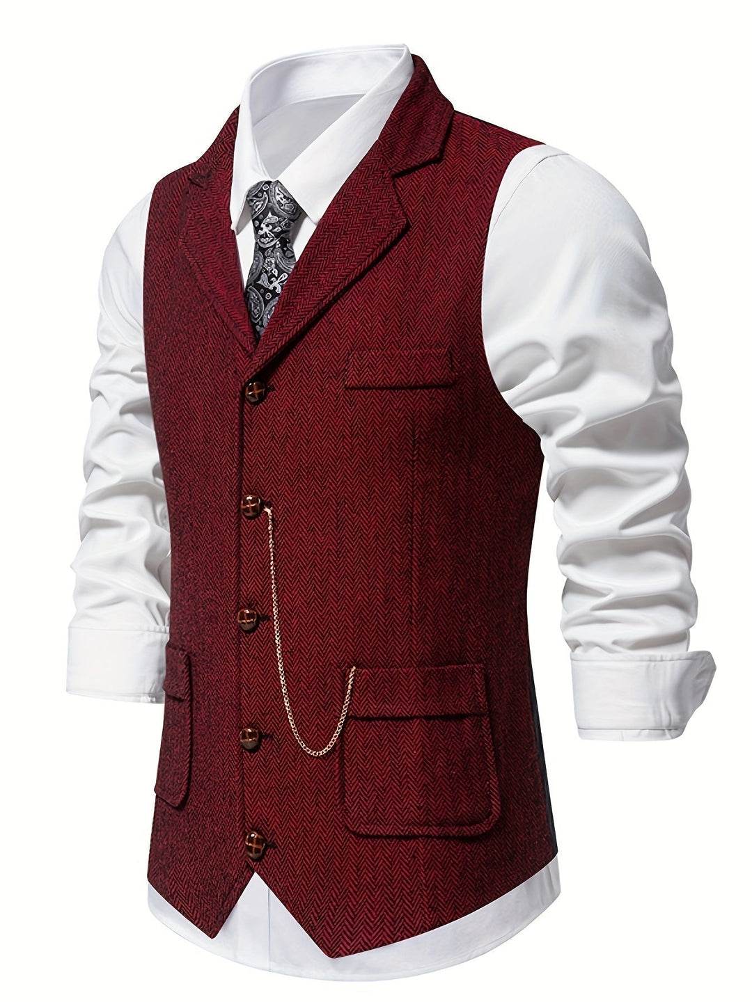 Burgundy Herringbone Single-Breasted Vest for Men
