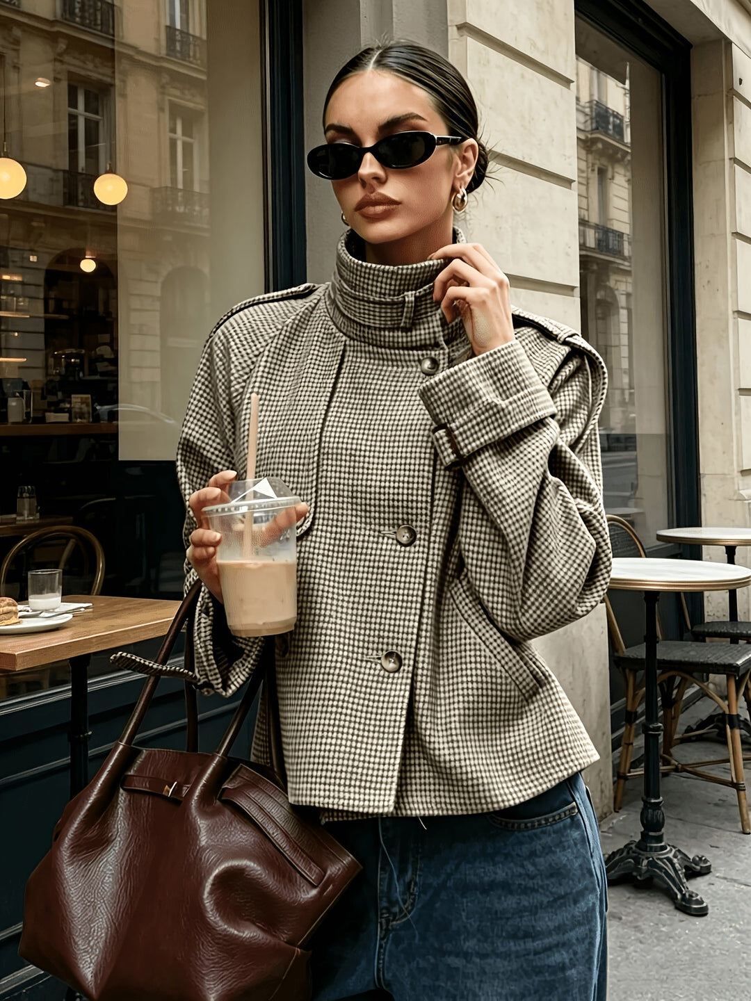 Women's Stand-Collar Houndstooth Jacket