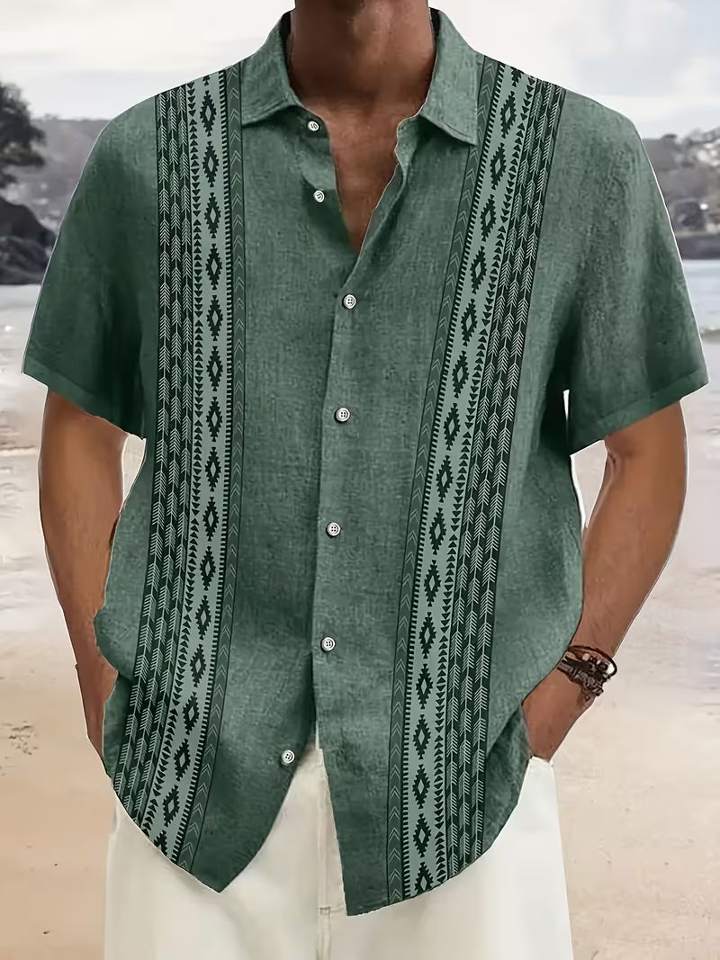 Geometric Pattern Button Shirts for Men, Vintage Style