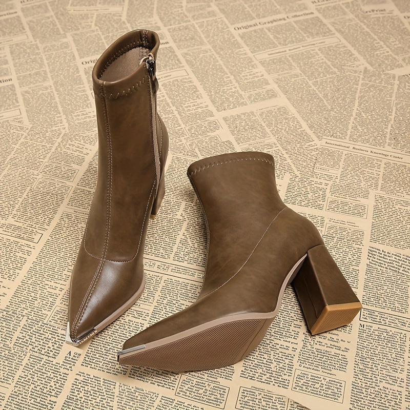Pointed-Toe Chunky Heel Ankle Boots for Women