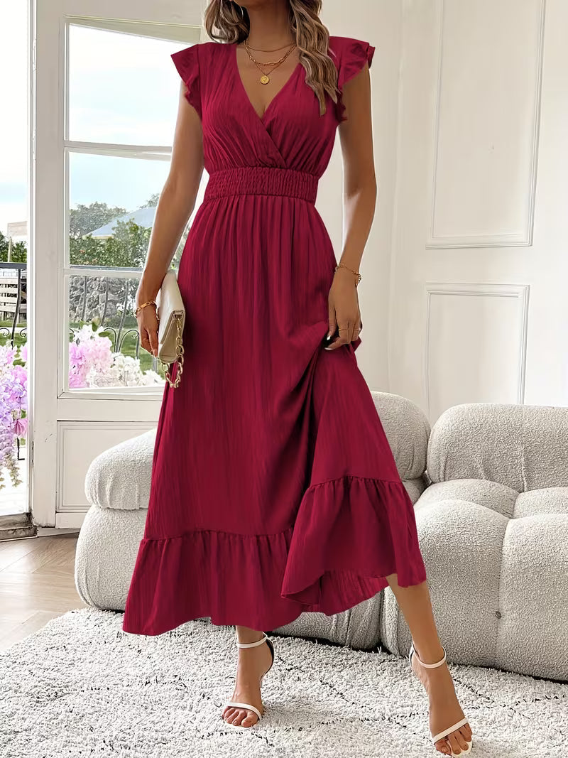 Elegant Sleeveless V-Neck Ruffled Dress for Women