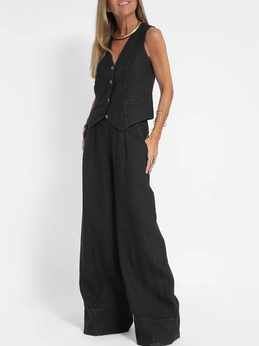 Sleeveless V-Neck Vest & Wide-Leg Pants Set for Women