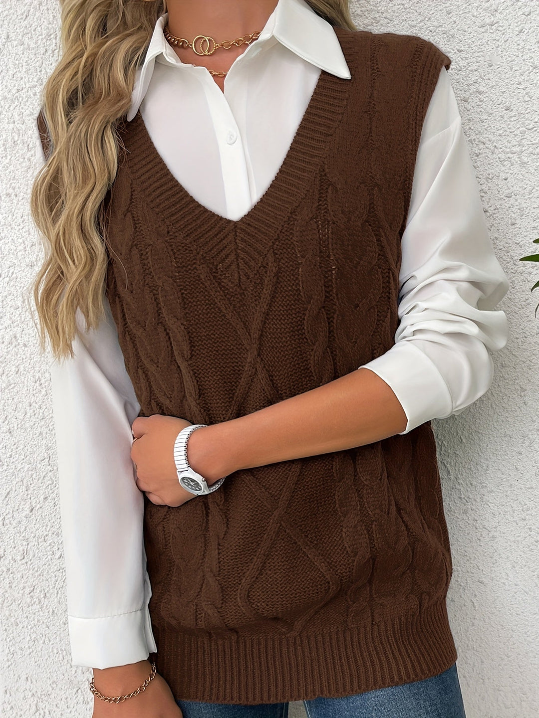Ladies Cozy Cable-Knit V-Neck Sweater Vest