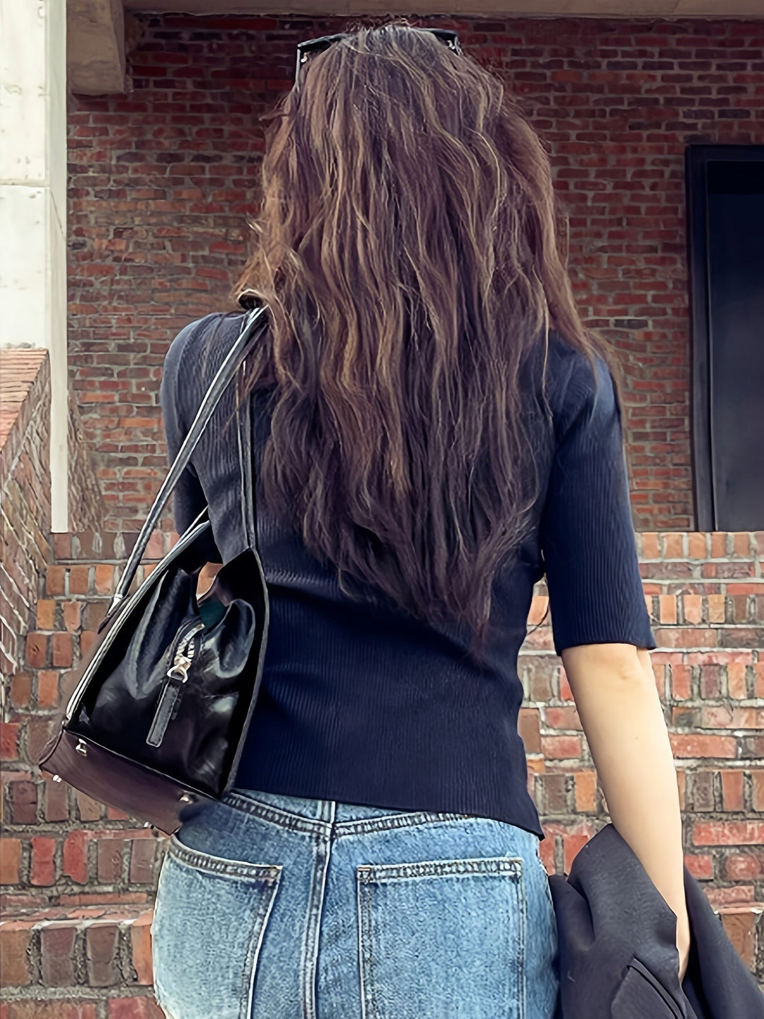 Navy Ribbed Collared Top for Women