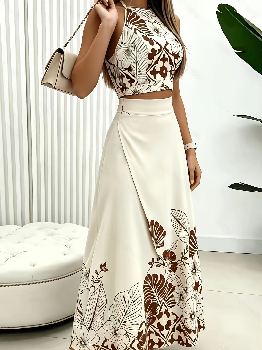 Tropical Print Two-Piece Skirt Set for Women