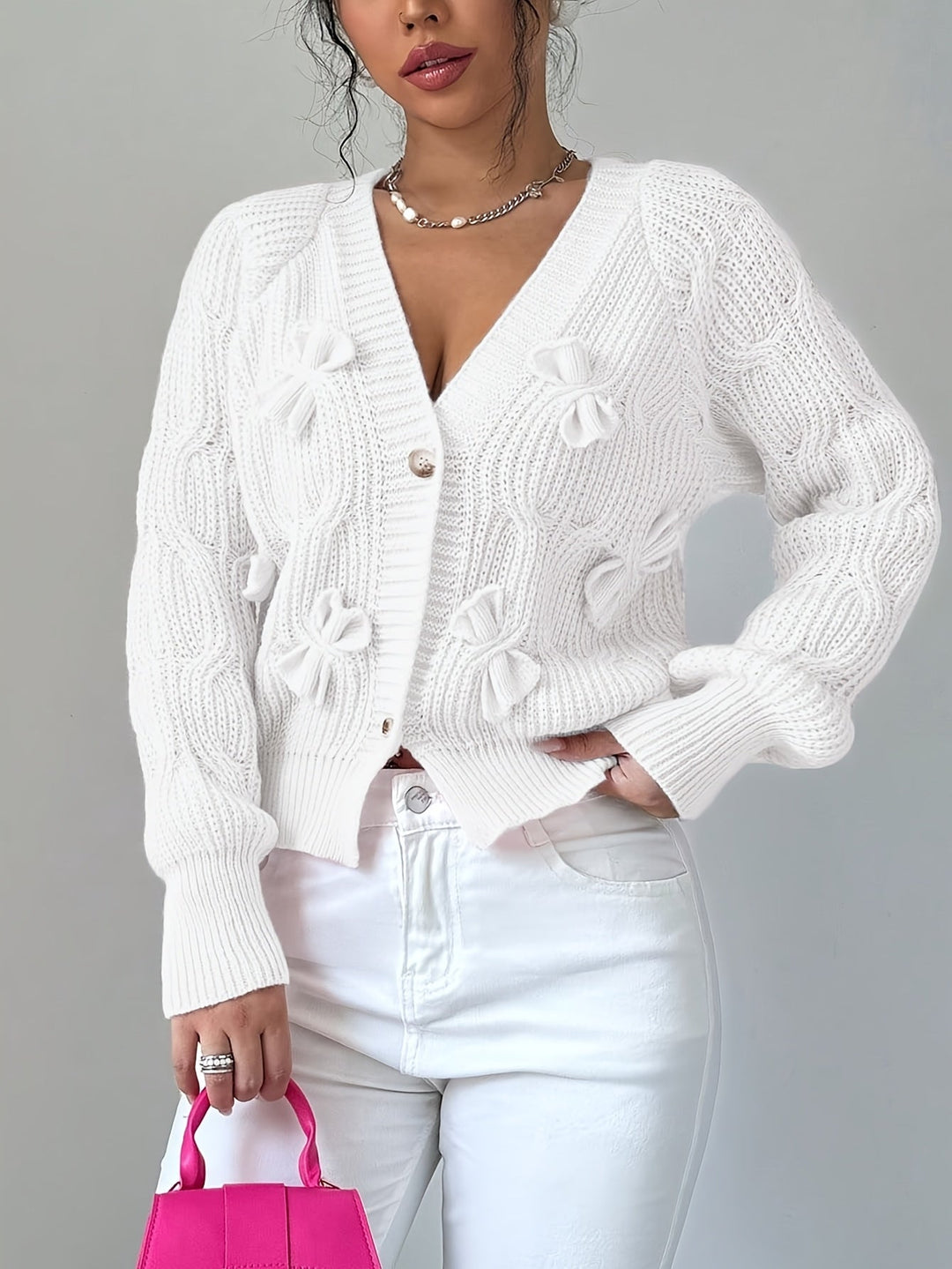 Bow-Detail Long Sleeve Cardigan, Women's Soft Fit