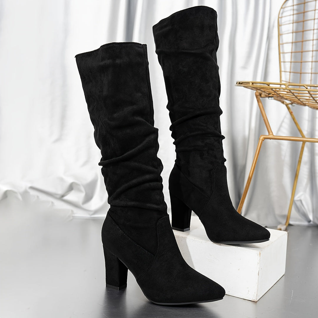 Black Slouch Knee-High Heeled Boots for Women