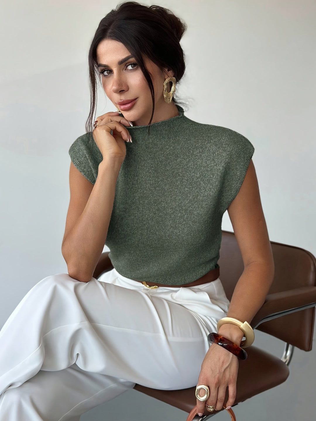 Olive Green Mock Neck Sleeveless Sweater Vest for Women