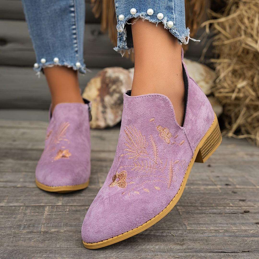 Embroidered Low-Heel Ankle Boots for Women