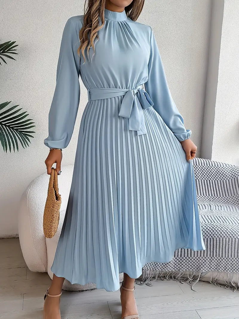 Long-Sleeve Belted Waist Midi Dress for Women