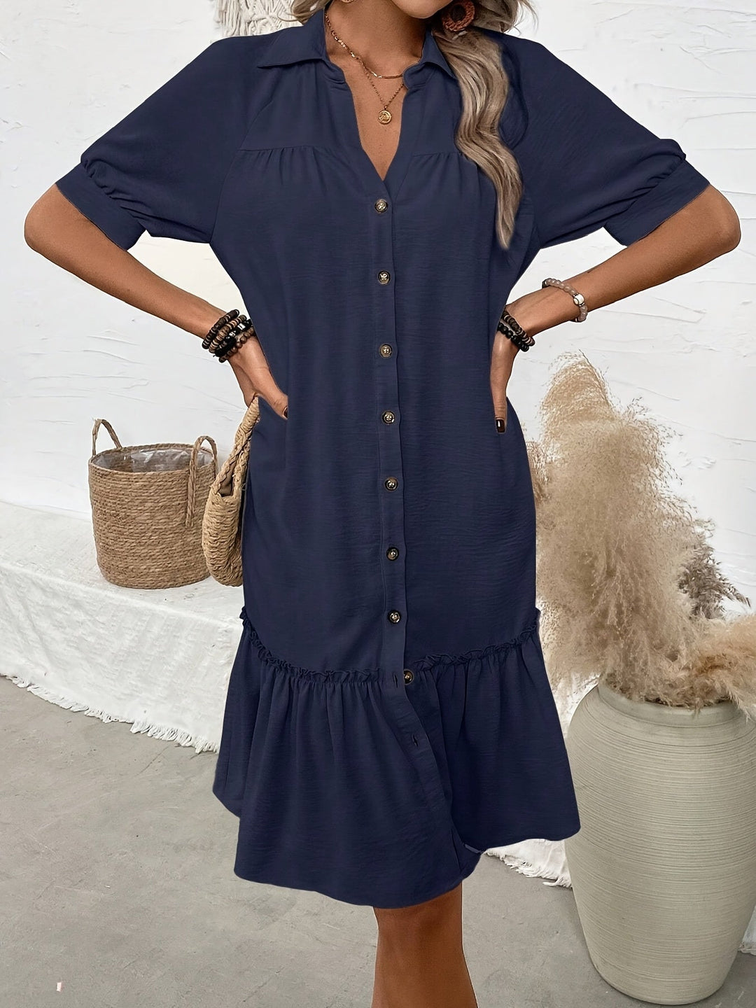 Buttoned Boho Midi Dress for Women