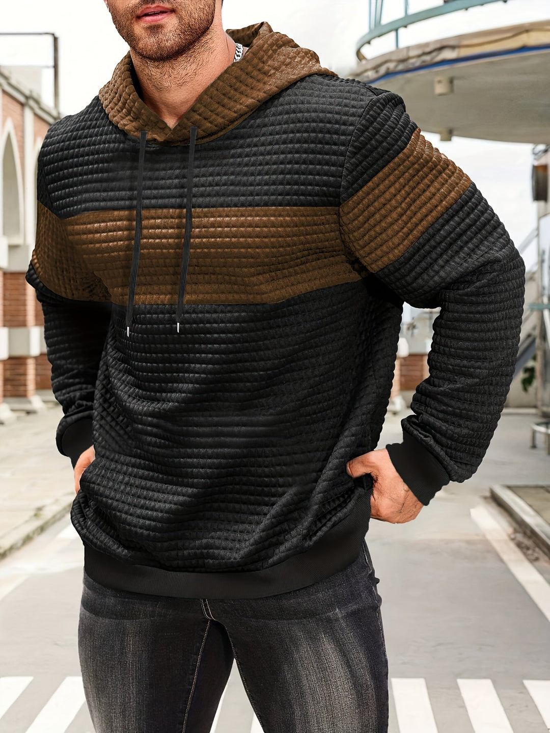 Colour-Block Hoodie for Men, Textured Style