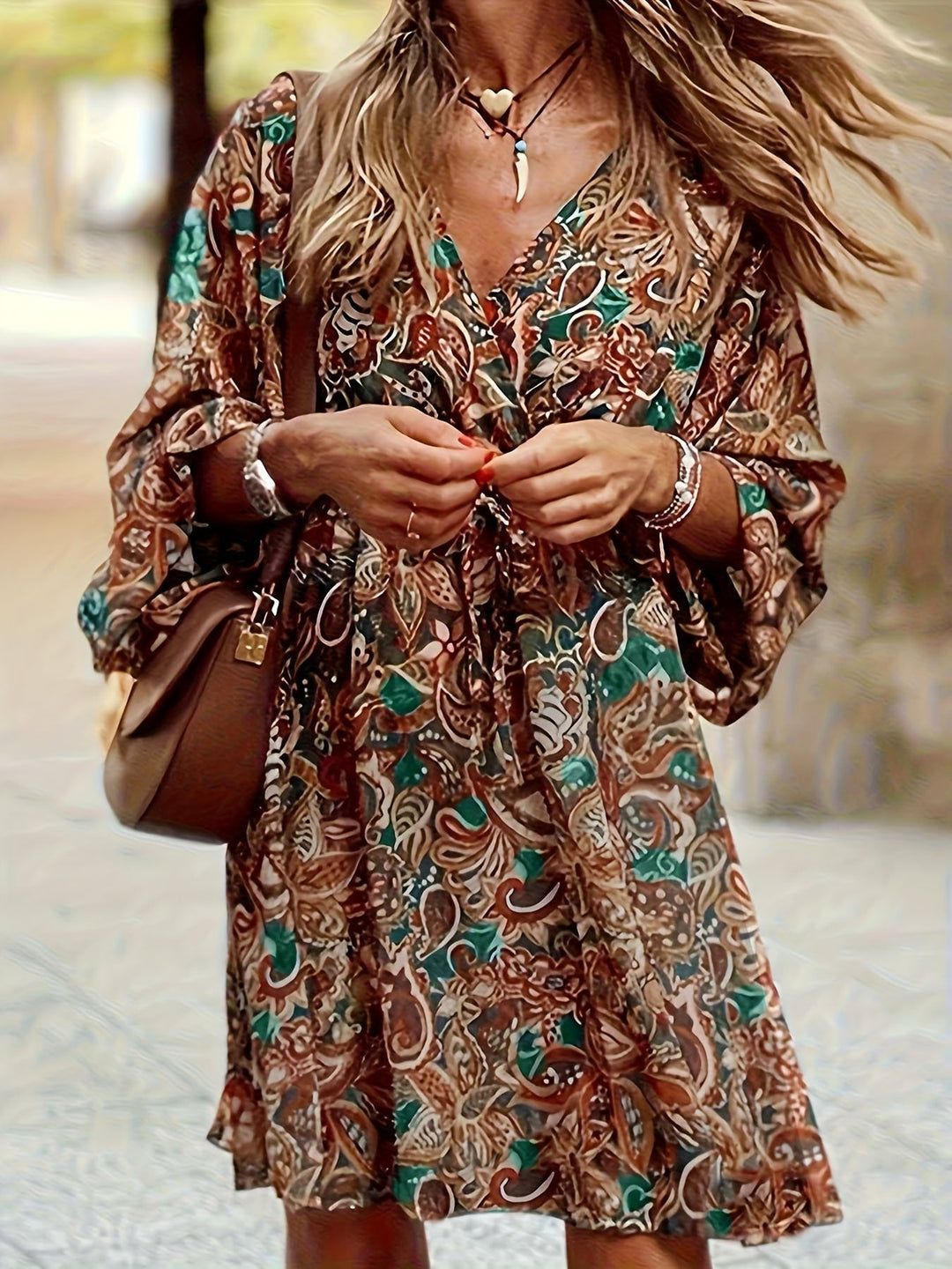 Mixed colors Bohemian Print V-Neck Dress for Women