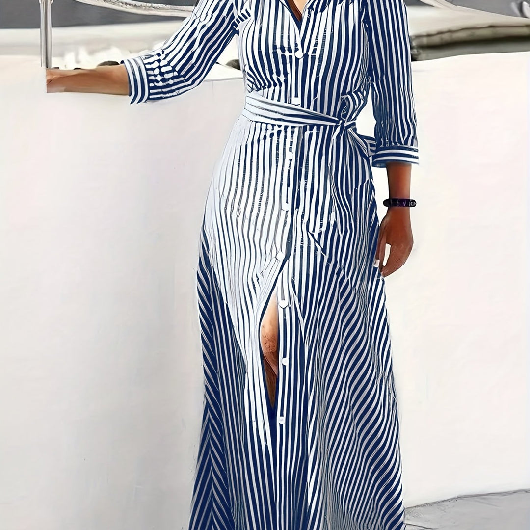 Women's Belted Shirt Maxi Dress