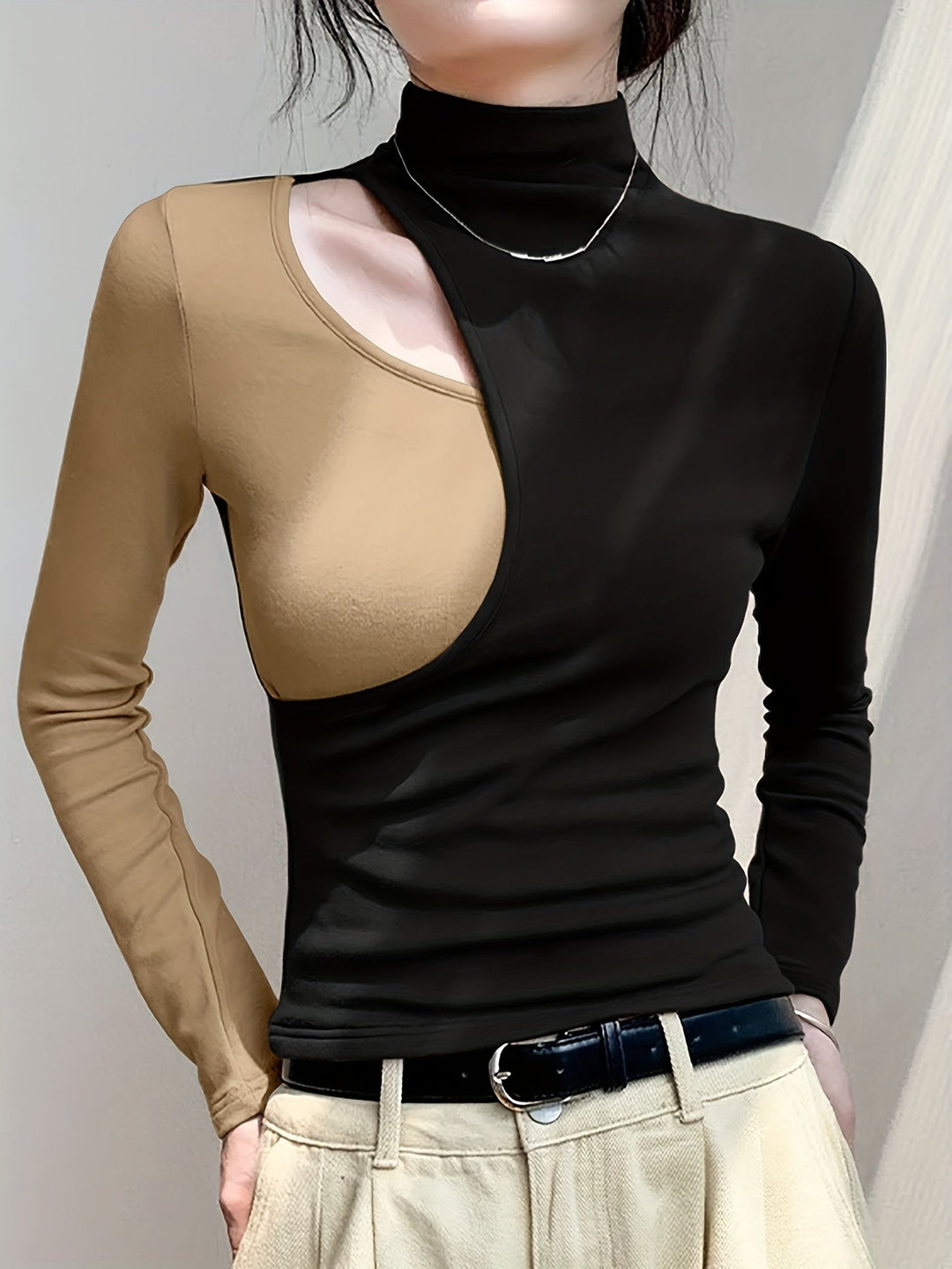 Black Cutout Mock Neck Top for Women