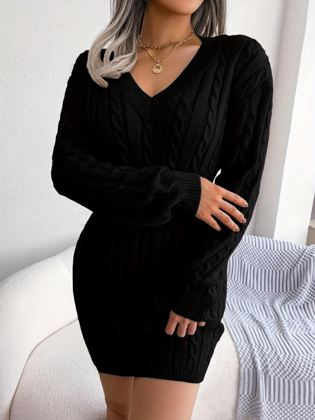 Ladies Cable-Knit Peplum Sweater Dress