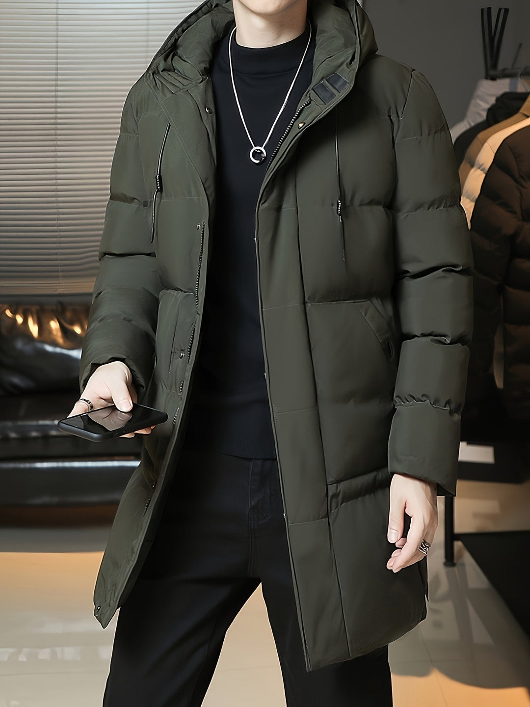 Hooded Longline Puffer Coat for Men, Plus Size