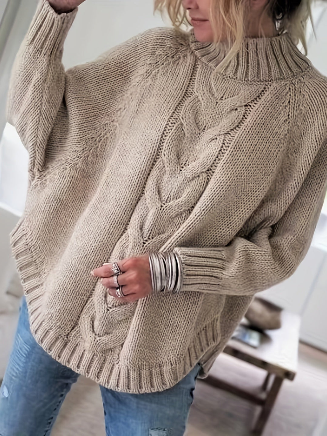 High-Neck Cable-Knit Sweater for Women, Cozy Style