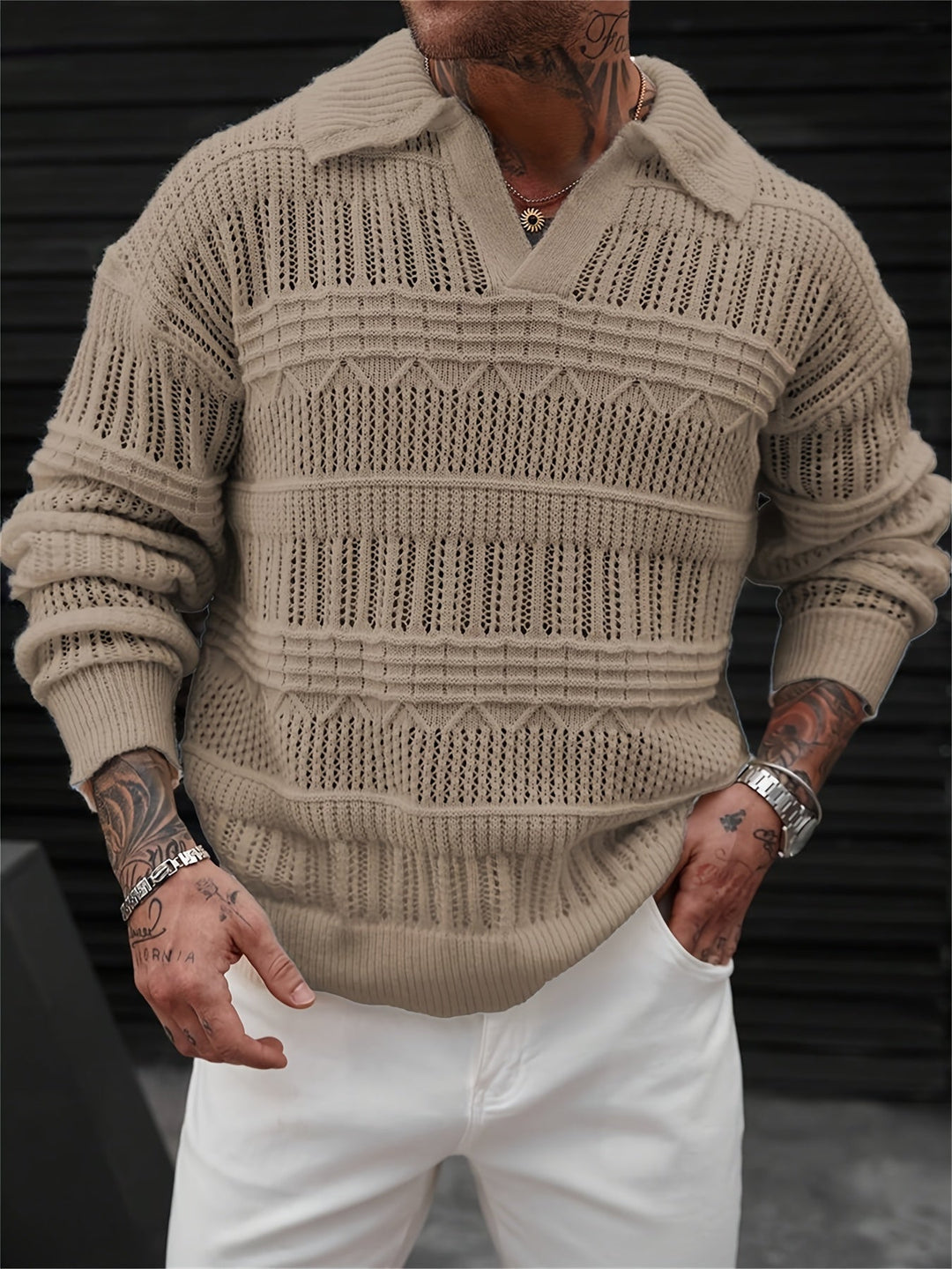 Collared Knit Sweater for Men, Textured Style