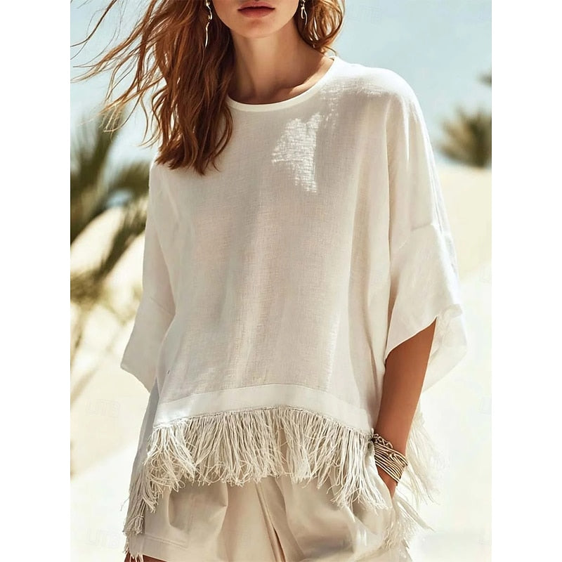 Fringe-Hem Relaxed Blouse for Women