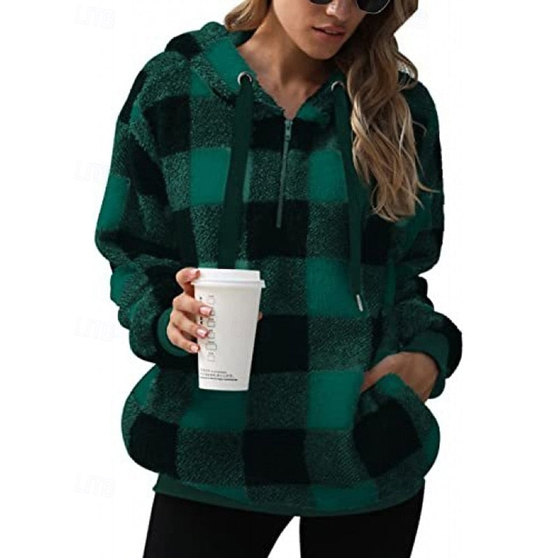 Quarter-Zip Checkered Hoodie for Women, Cozy Style