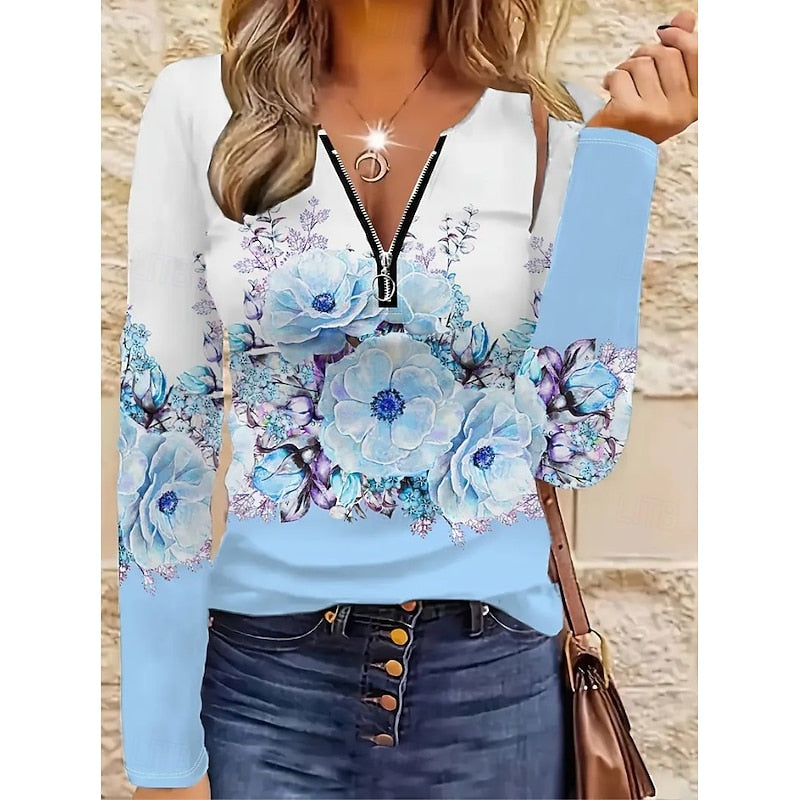 Floral Quarter-Zip Long Sleeve Top for Women