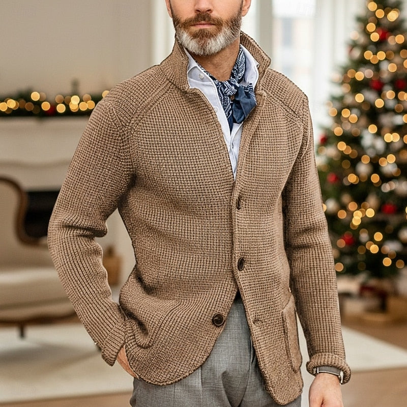 Stand-Collar Cardigan for Men, Textured Style