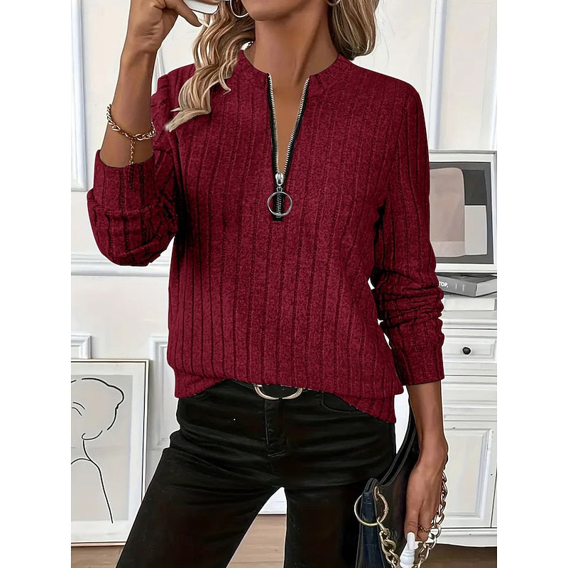 Ribbed Zip-Neck Top for Women